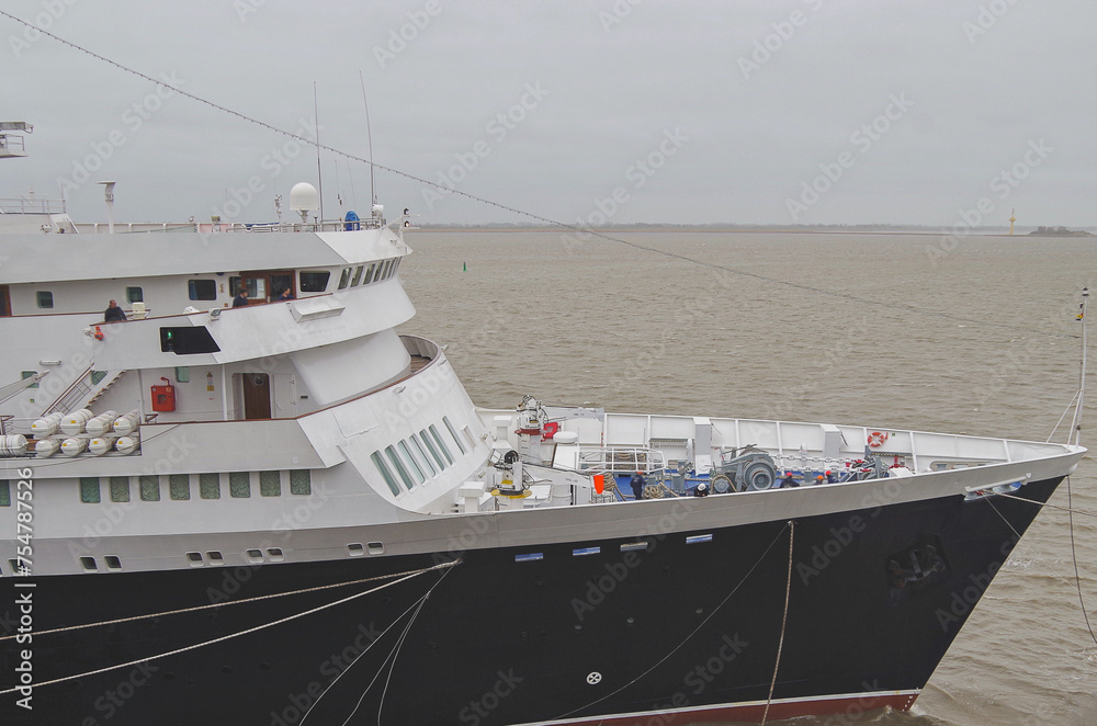 Naklejka premium Classic historic ocean liner cruiseship cruise ship Azores in Bremerhaven port, Germany during North Sea cruising