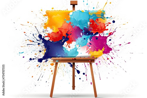 A colorful painting with splatters of paint on a wooden easel