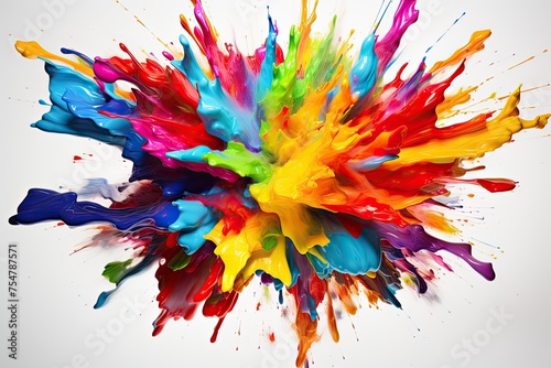 A colorful explosion of paint splatters on a white background