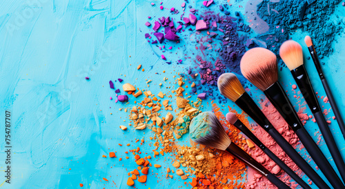Makeup brushes with vibrant powder explosion on blue textured background, beauty concept.