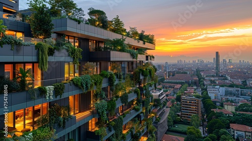Contemporary and sustainable high-rises adorned with numerous plants on each terrace. photo