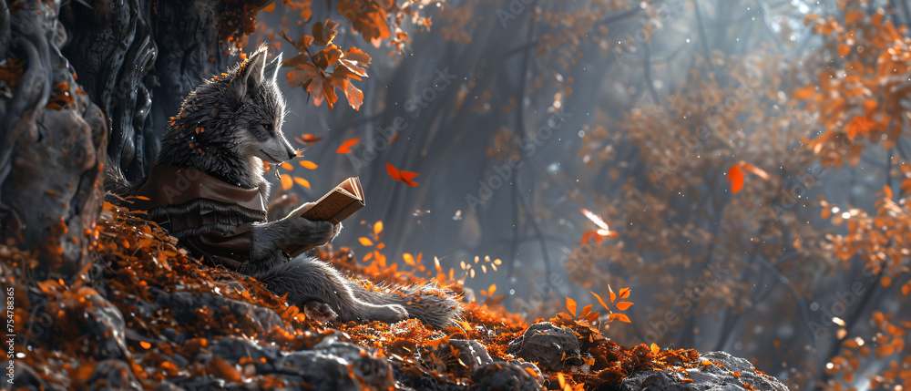 Anthropomorphic Wolf Reading in Autumn Forest - obrazy, fototapety, plakaty 