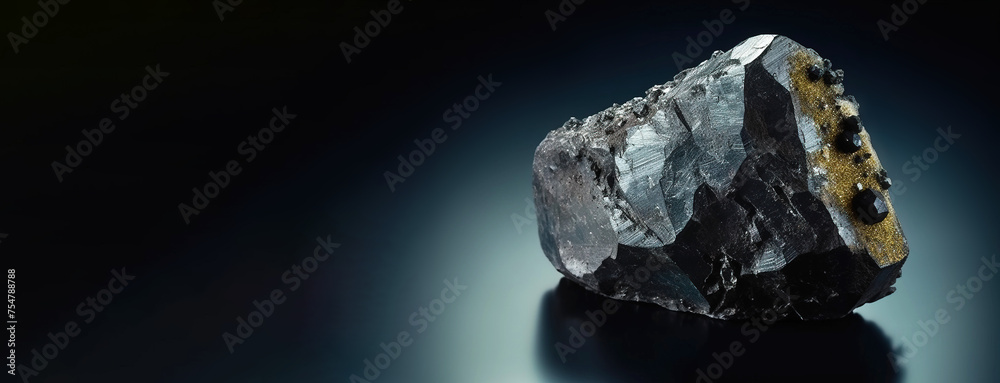 Ferberite is a rare precious natural stone on a black background. AI generated. Header banner mockup with space.