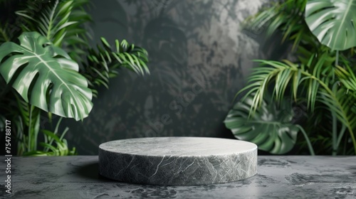 A circular stone podium for promotion of beauty products and others. Generate AI image