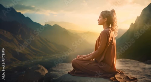 Woman meditating at sunrise in mountains.