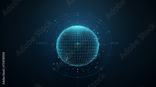 A sphere composed of points is illustrated, featuring an abstract globe grid in a 3D technology style. The design concept represents networks and technology in vector illustration format.