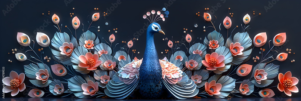 A 3D animated cartoon render of a refined peacock adorned with a floral crown. - obrazy, fototapety, plakaty 