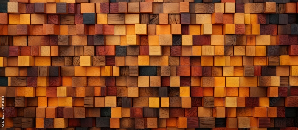 This image showcases a wall constructed using wooden blocks with varying textures and patterns. The blocks are neatly stacked to create a visually interesting and unique design. This image showcases a wall constructed using wooden blocks with varying textures and patterns. The blocks are neatly stacked to create a visually interesting and unique design.