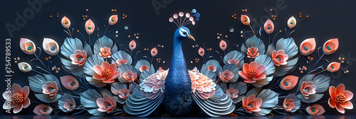 A 3D animated cartoon render of a refined peacock adorned with a floral crown.