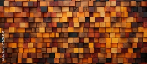 This image showcases a wall constructed using wooden blocks with varying textures and patterns. The blocks are neatly stacked to create a visually interesting and unique design.