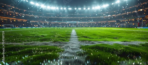 Bright Lights Illuminate Soccer Stadium With Green Field