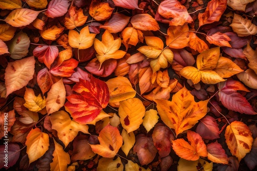 A bunch of vibrant autumn colored mulberry leaves lays scattered on the ground, creating a skeletal background. The leaves cover the earth, forming a natural carpet in various shades of red, orange