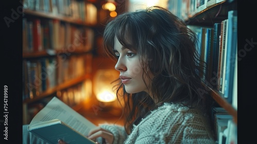 Woman Holding Book in Front of Bookshelf