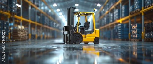 Yellow Forklift in a Warehouse With Shelves © olegganko