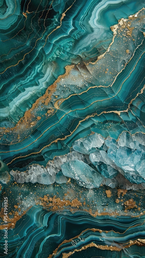 Fototapeta premium Green wavy marble with gold veins. Quartz crystals with veins in marble.