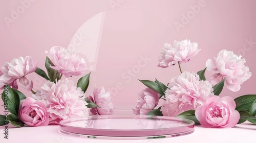 Glass podium for your product exhibition, with flowers an attractive pink color concept.