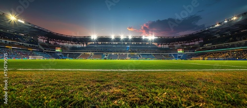 Illuminated Stadium With Green Field at Night