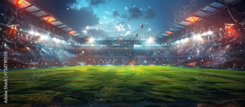 Bright Lights Illuminate Soccer Stadium With Green Field © olegganko