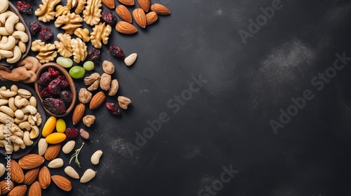 A variety of nuts is arranged on a black slate or stone background, serving as a healthy snack option. The composition is captured from a top view with space for copying. photo