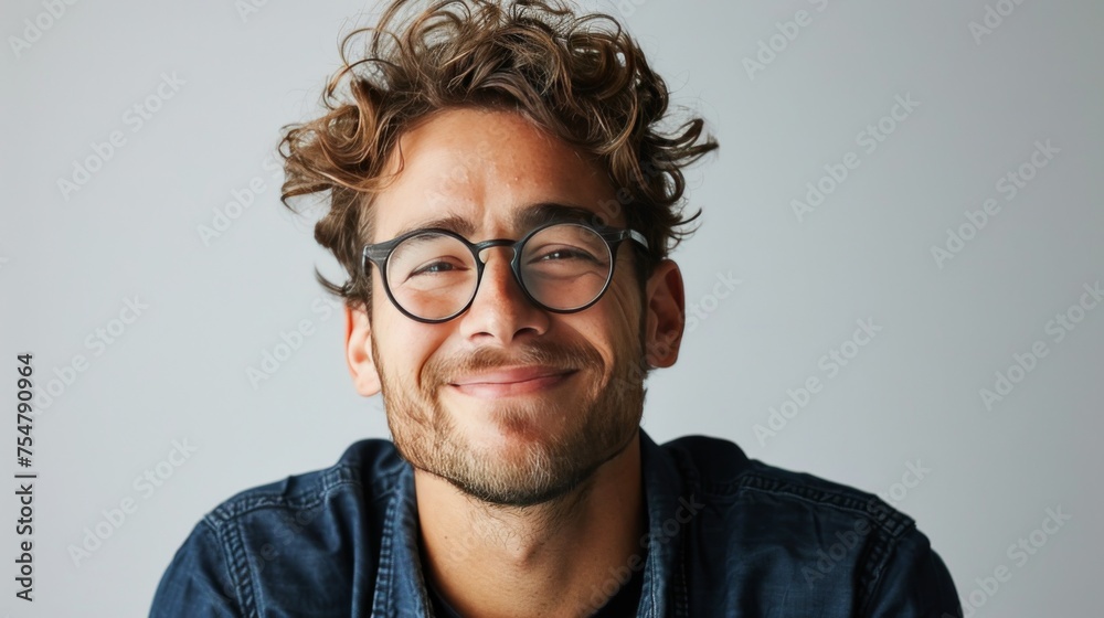 Smiling Man With Curly Hair and Glasses Smiling Man With Curly Hair and Glasses