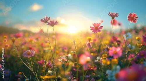 Field of Flowers With Sun Background