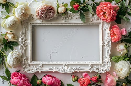 White Frame Surrounded by Pink and White Flowers