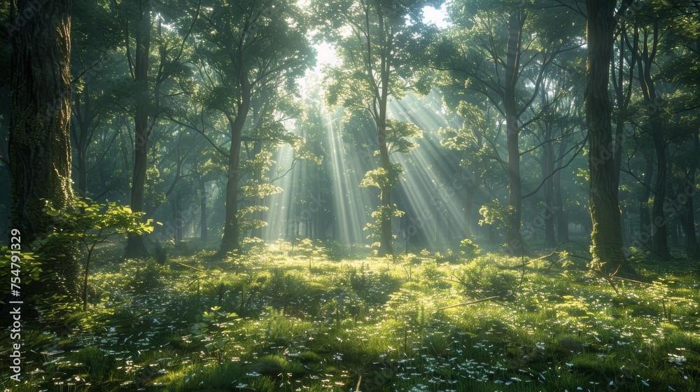Sun Shines Through Trees in Forest