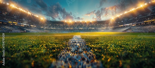 Illuminated Stadium With Green Field at Night