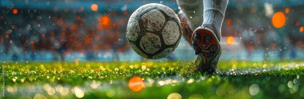 Fototapeta premium Person Kicking Soccer Ball on Field