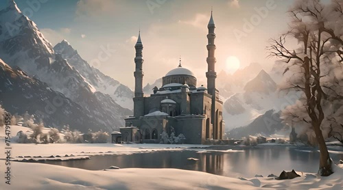 landscape mosque with mountains and lake winter snow season photo