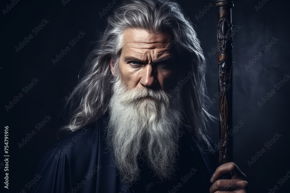 Elderly bearded sorcerer with long white hair leaning on wooden staff on dark background