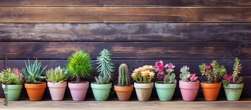 A variety of cacti and succulents arranged neatly in small flowerpots lined up on a rustic wooden table.