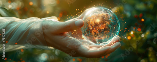 Hand gently holding a glowing earth network, symbolizing global connectivity and the need for environmental consciousness in the digital age. photo