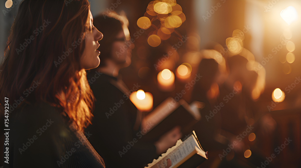 Concerts, group of singers rehearsing songs, rocks, hymns and gospel music background with candles  - obrazy, fototapety, plakaty 