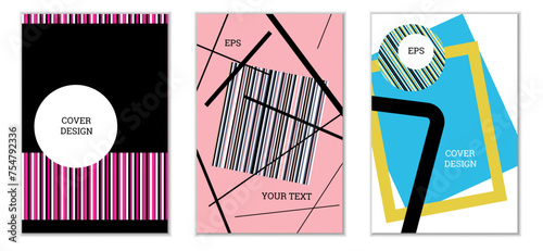 Geometric cover design, set of 3 covers. Abstract unusual background in Memphis style. Bright geometric shapes in random order