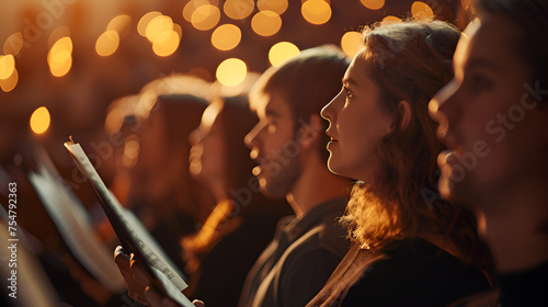 Concerts, group of singers rehearsing songs, rocks, hymns and gospel music background 