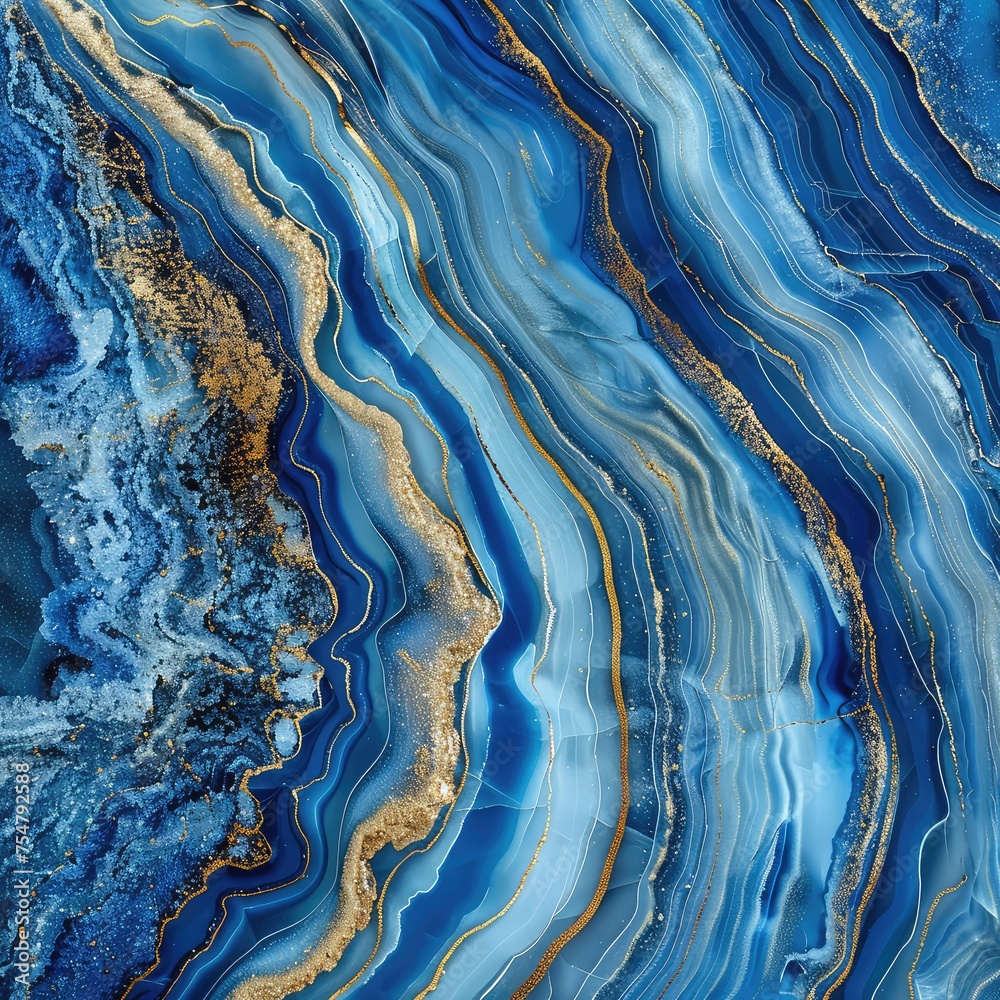 Fototapeta premium Blue wavy marble with gold veins. Quartz crystals with veins in marble.