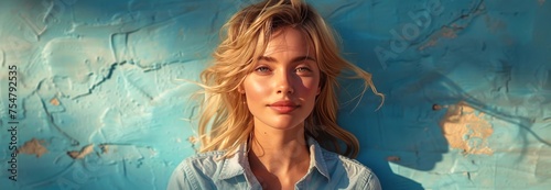 Woman With Blonde Hair Standing in Front of Blue Wall