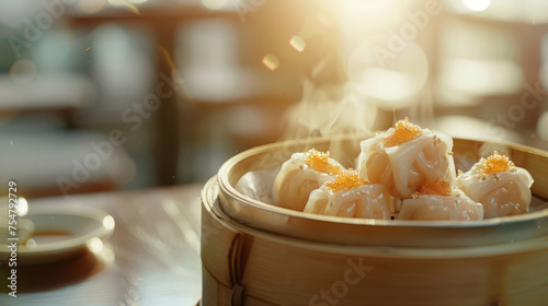 Close up of hot Dim Sum on sunny day photo