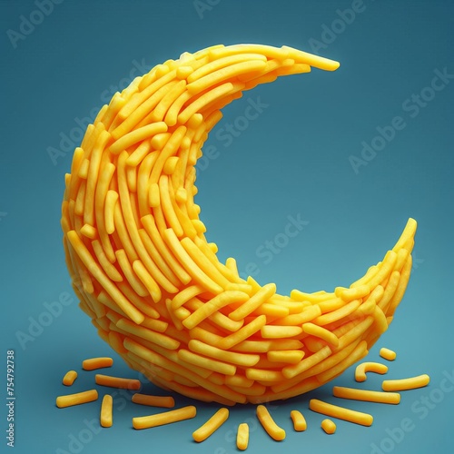 3D realistic crescent moon made of potato fries with ramadan theme, isolated on background, Generative AI
