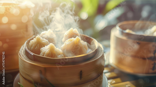 Close up of hot Dim Sum on sunny day. Asian food concept. photo