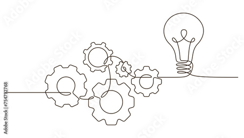 Single continuous line symbol of machine wheel gears and light bulb vector illustration. Cogwheel one line contour drawing business teamwork concept. Design for poster, card, label, company 
