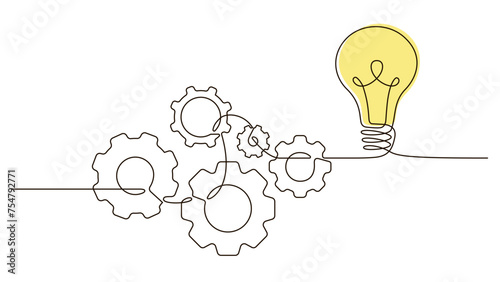 Single continuous line symbol of machine wheel gears and light bulb vector illustration. Cogwheel one line contour drawing business teamwork concept. Design for poster, card, label, company 
