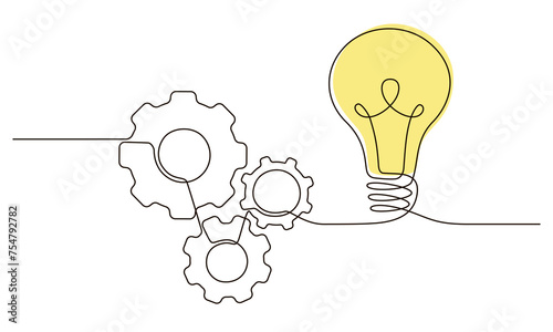 Single continuous line symbol of machine wheel gears and light bulb vector illustration. Cogwheel one line contour drawing business teamwork concept. Design for poster, card, label, company 