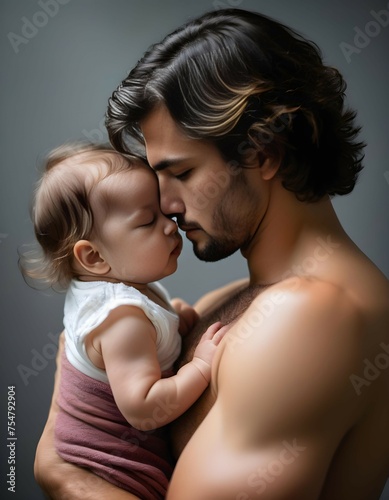 Shirtless man holding his child
