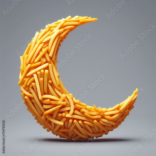 3D realistic crescent moon made of potato fries with ramadan theme, isolated on background, Generative AI photo