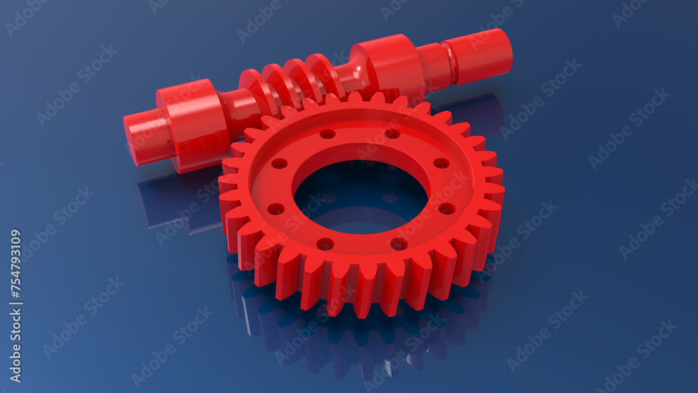 3D rendering - red worm gear assembly