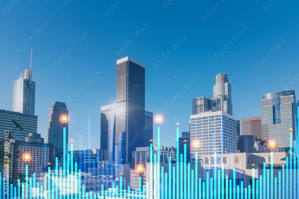 Skyscrapers Cityscape Downtown View, Los Angeles Skyline Buildings. Beautiful Real Estate. Day time. Forex Financial graph and chart hologram. Business education concept.