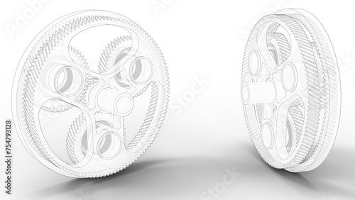 Obraz na płótnie 3D rendering - outlined sketch drawing of two planetary gears w salonie