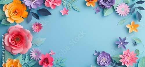 Blue Background With Paper Flowers and Leaves